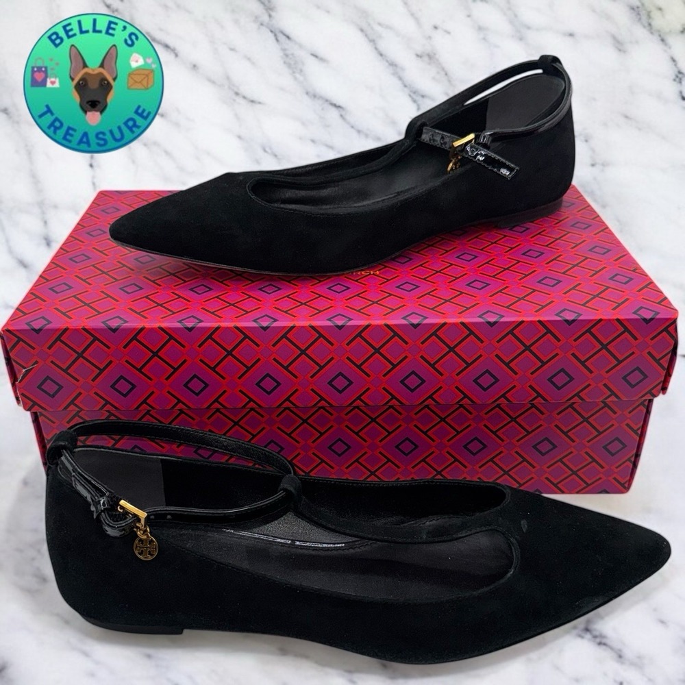 Tory Burch Ashton Ballet‎ Womens 7M Black Suede Pointed Toe T-Strap Flats 42968